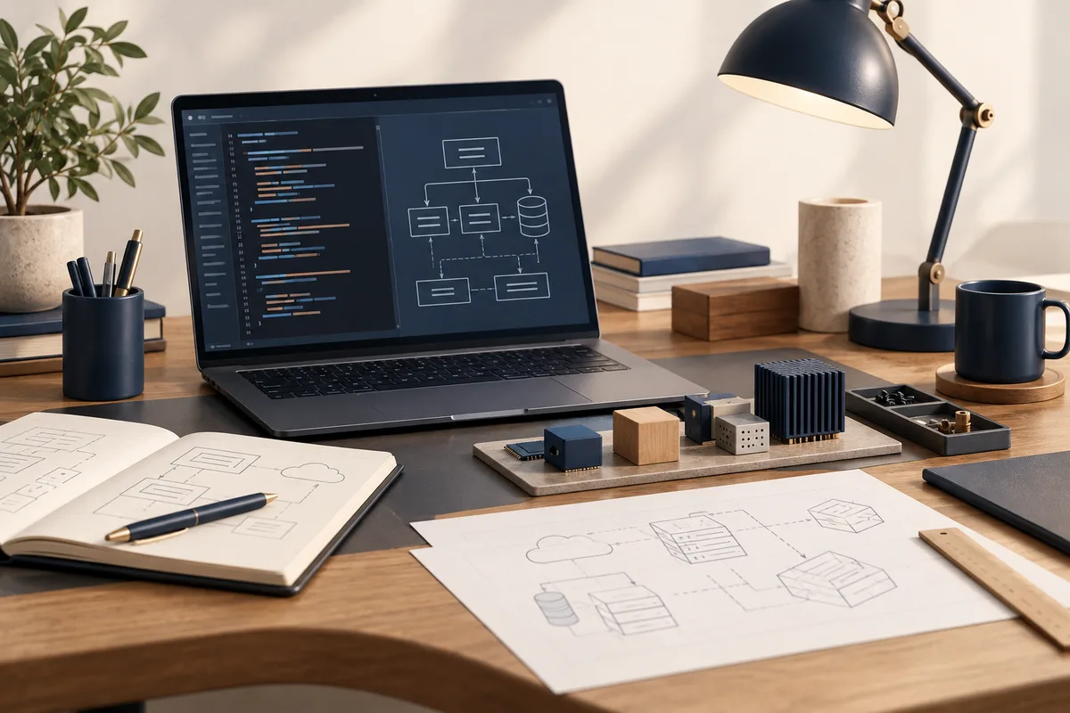 Illustrated engineering workspace with software, architecture sketches and modular components.