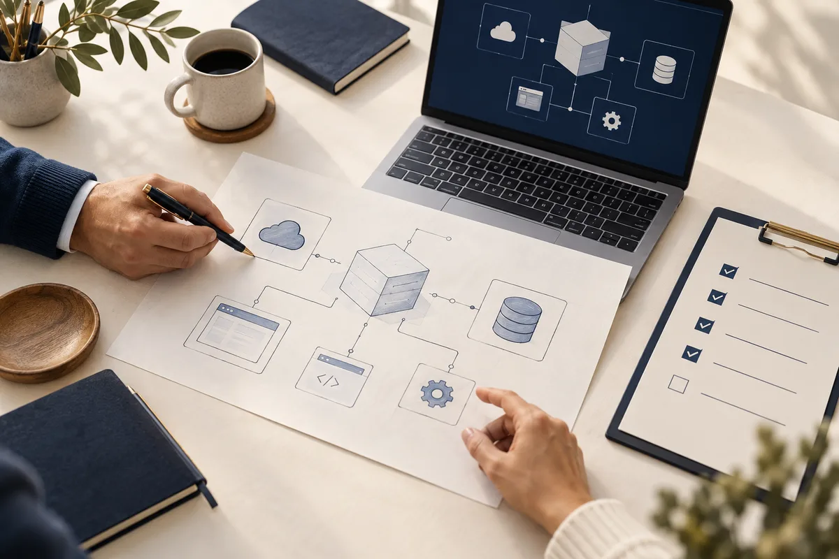 Illustration of a hands-on software design review with architecture sketches and a testing checklist.