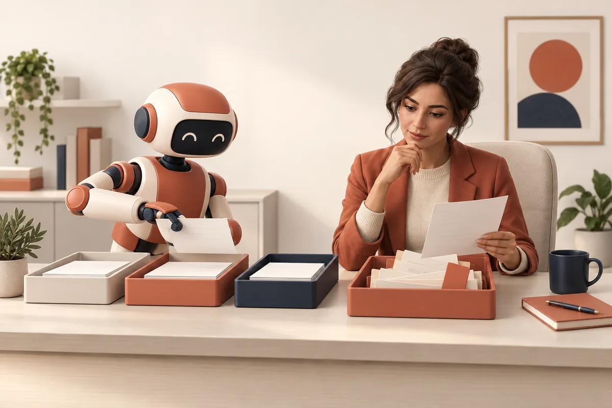 Coral-accented illustration of an assistant sorting routine documents while a person reviews exceptions.