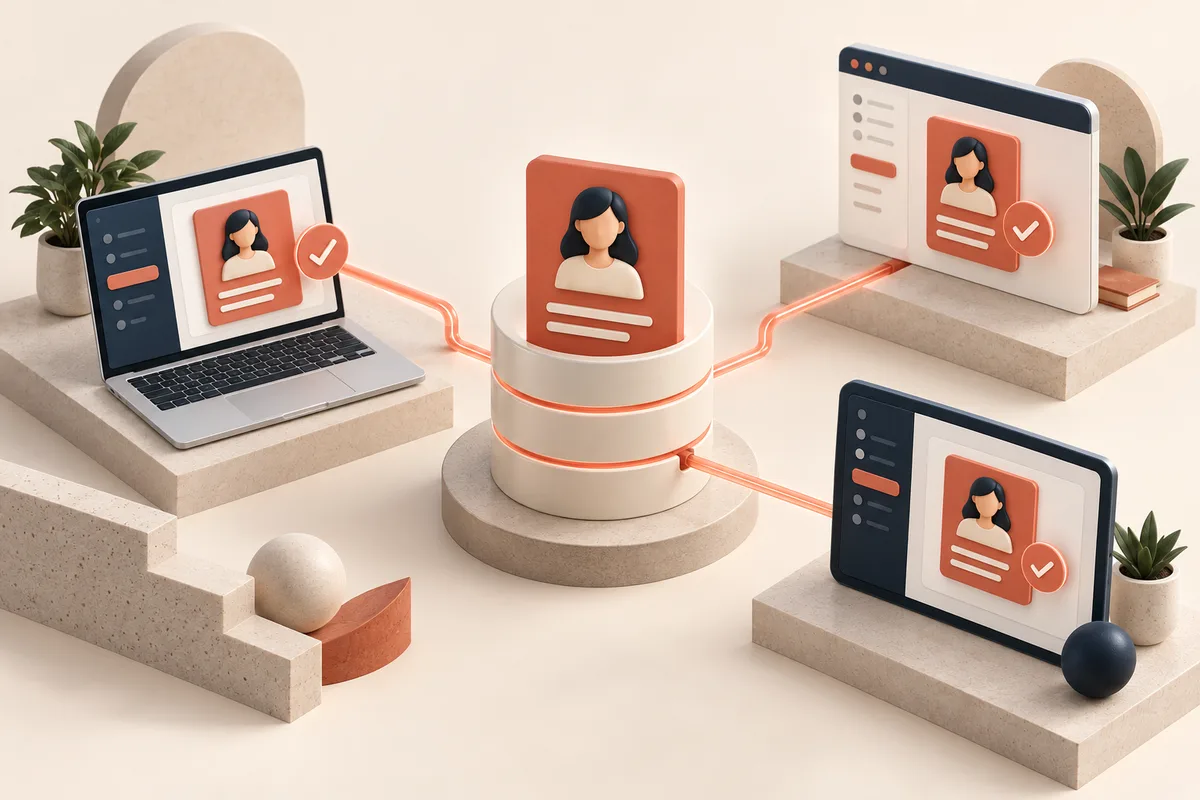 Illustration of an authoritative record hub connecting consistent information across software tools.