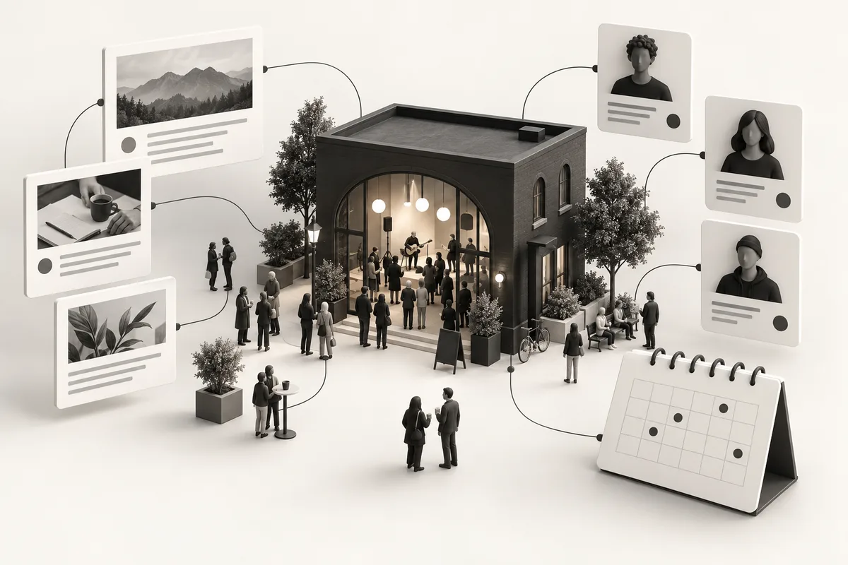 Representative illustration: A miniature community event venue surrounded by connected editorial article cards, anonymous member profile cards and a calendar. Communicate real world activity connected to a digital history.