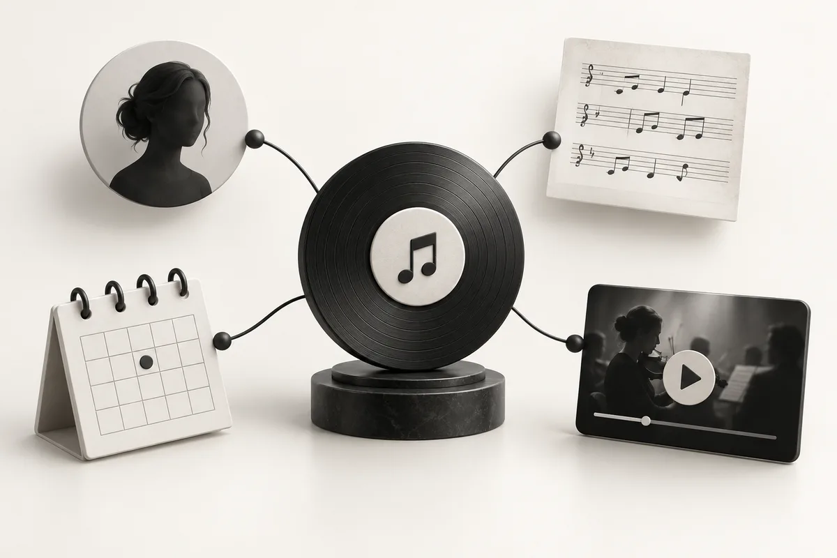 Representative illustration: A sculptural central performance record connected to a participant silhouette, a musical score sheet, an event calendar and a video play panel. Communicate linked records and retrievable context.