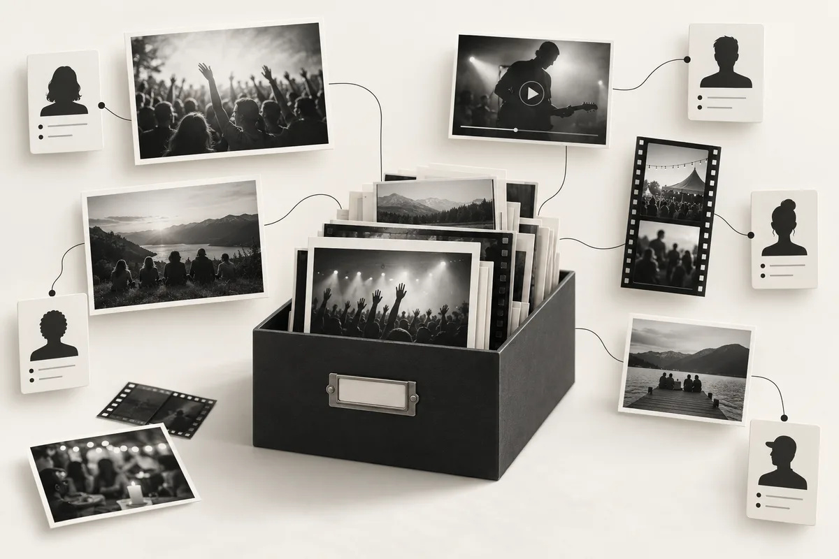Representative illustration: An elegant archive of event photo prints and video frames connected by fine lines to anonymous member profile cards, communicate photographs belonging to participation histories.