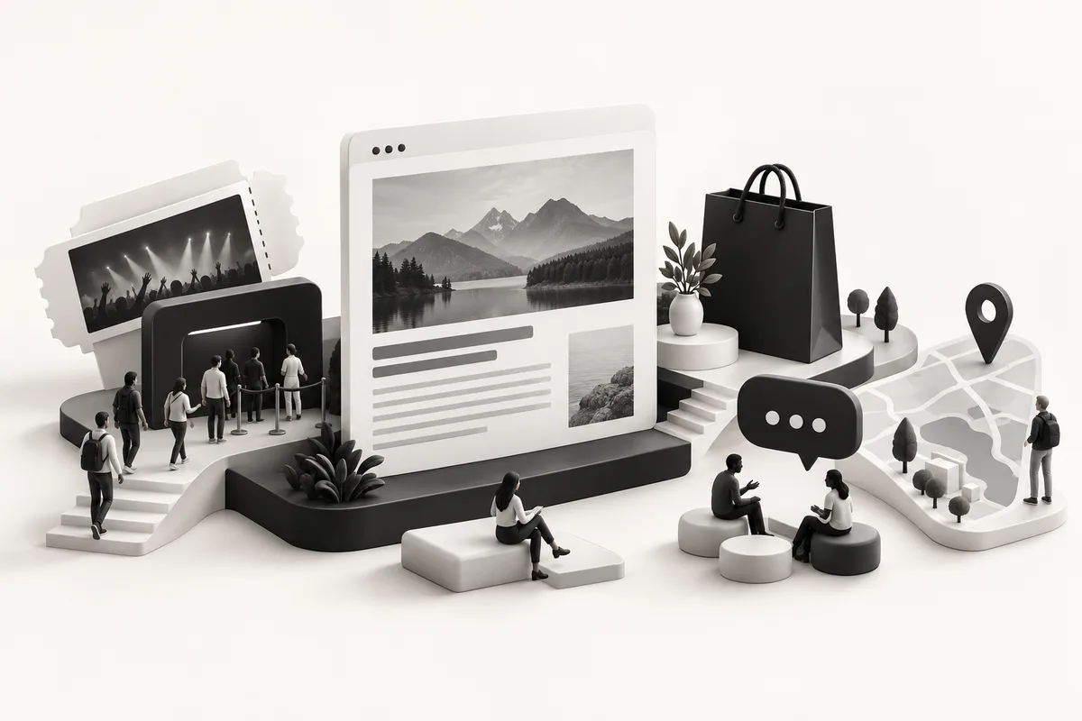 Representative illustration: A miniature community publishing environment combining an article, event tickets, a shopping bag, a discussion bubble and a location map, arranged as one cohesive platform.