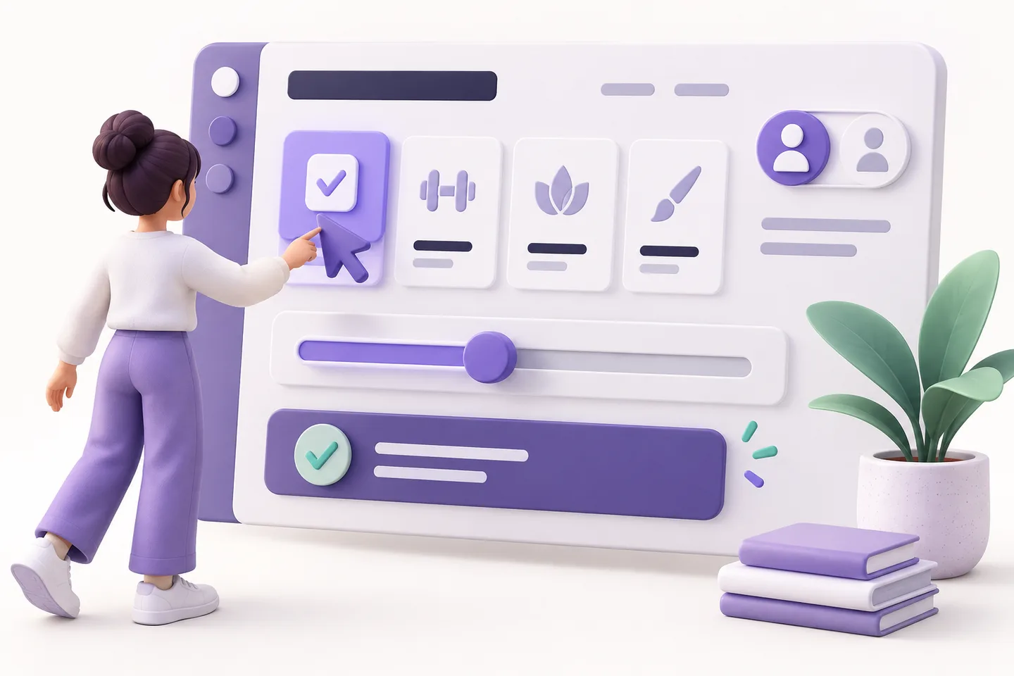 Illustration of a user selecting an activity and adjusting interactive controls in a web application.