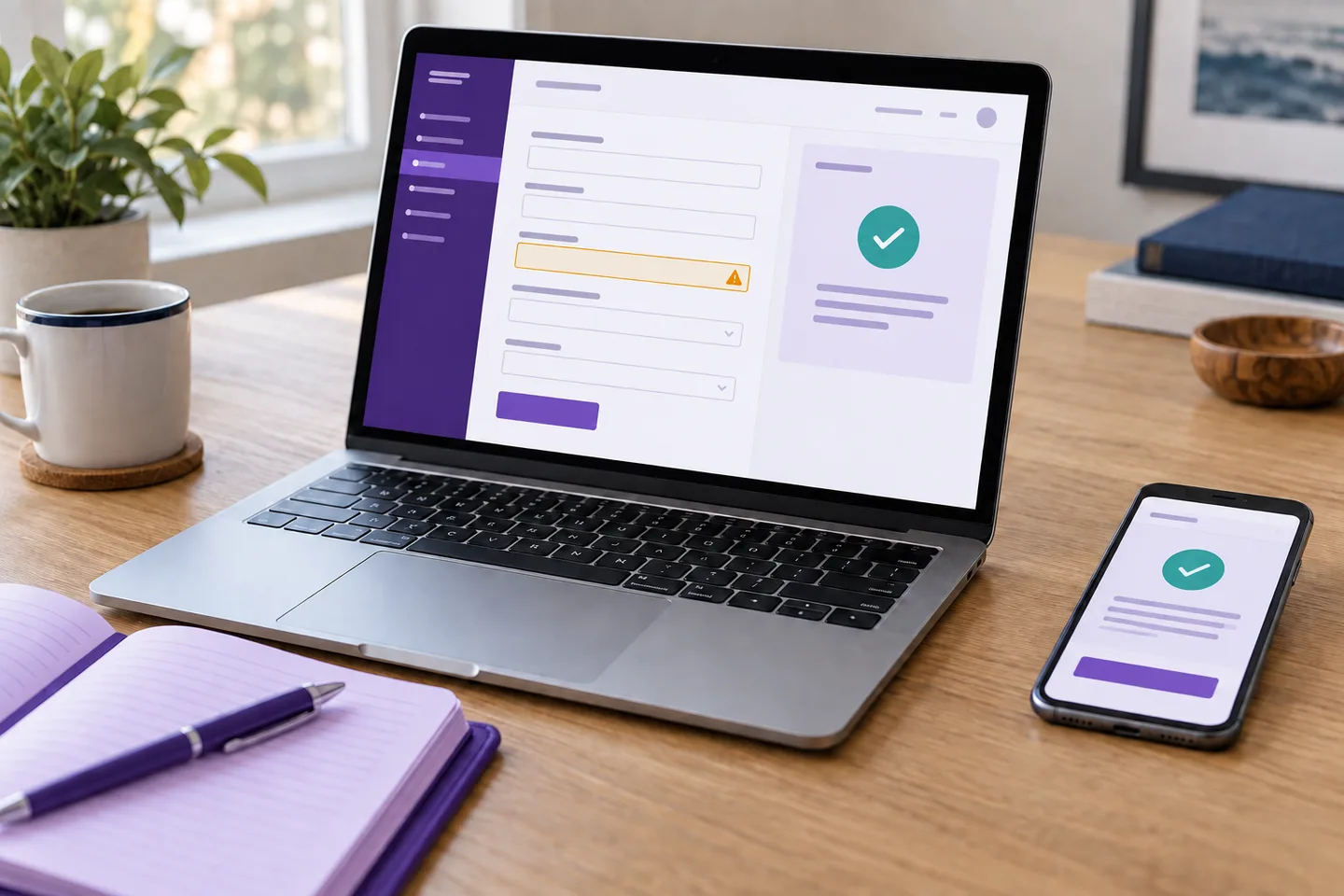 AI-created laptop and phone scene showing application validation and confirmation feedback.