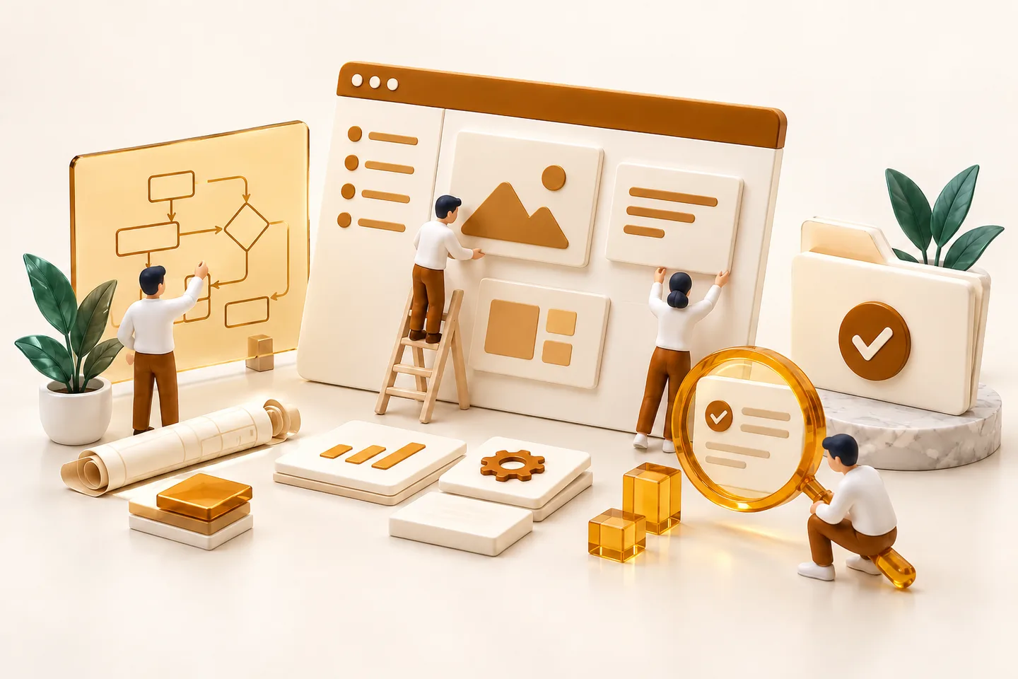 Illustration of a software workbench bringing together workflow planning, application building, testing and handover.