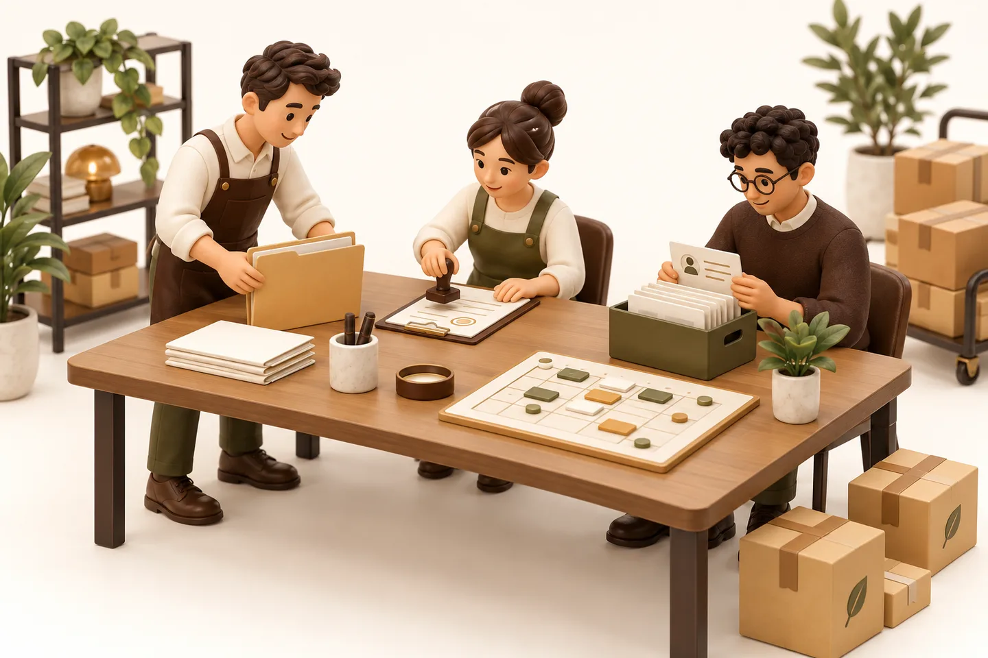 Illustration of people coordinating orders, approvals and customer records around a shared operations table.