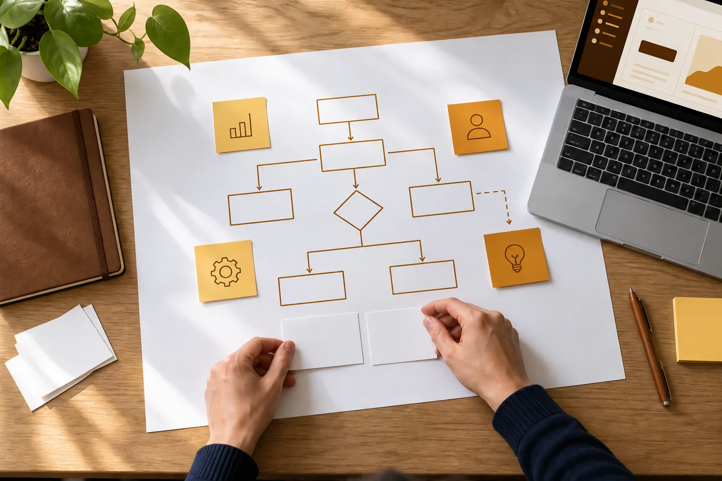 AI-created planning desk scene with workflow sketches and cards being arranged before software is built.