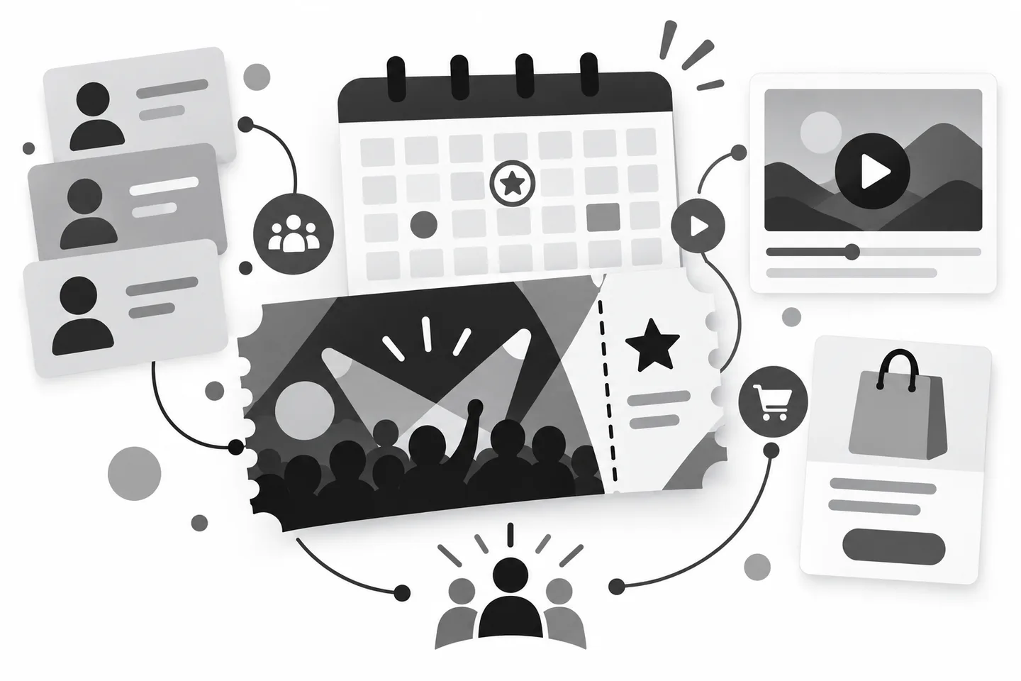 AI-generated illustration of membership records, events, tickets and media connected together.