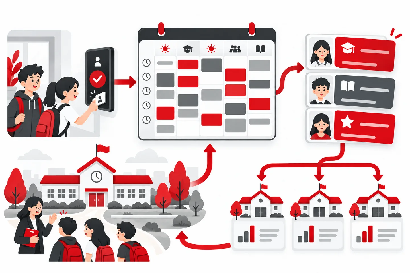 AI-generated illustration of school attendance, scheduling, membership records and outlet reporting connected together.