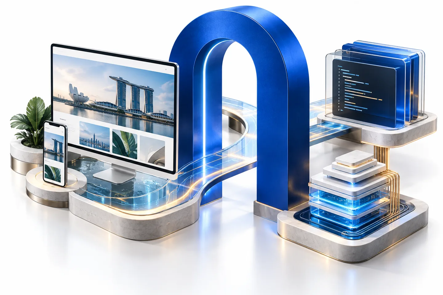AI-generated illustration of a sculptural blue portal connecting desktop and mobile websites, application code and infrastructure.