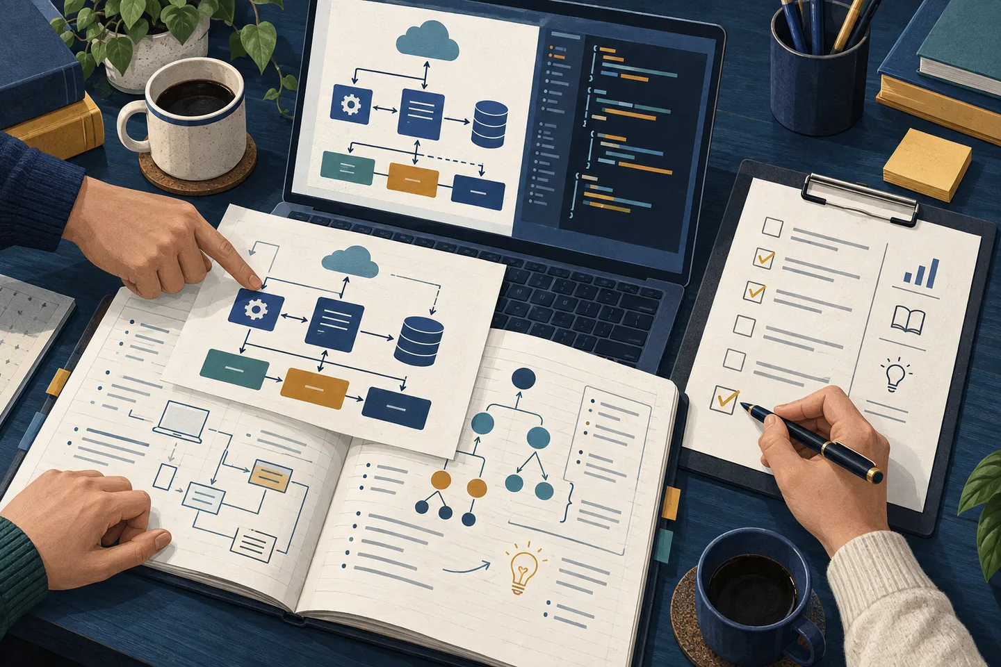 AI-generated illustration of software diagrams, teaching notes and a review checklist on a shared working surface.