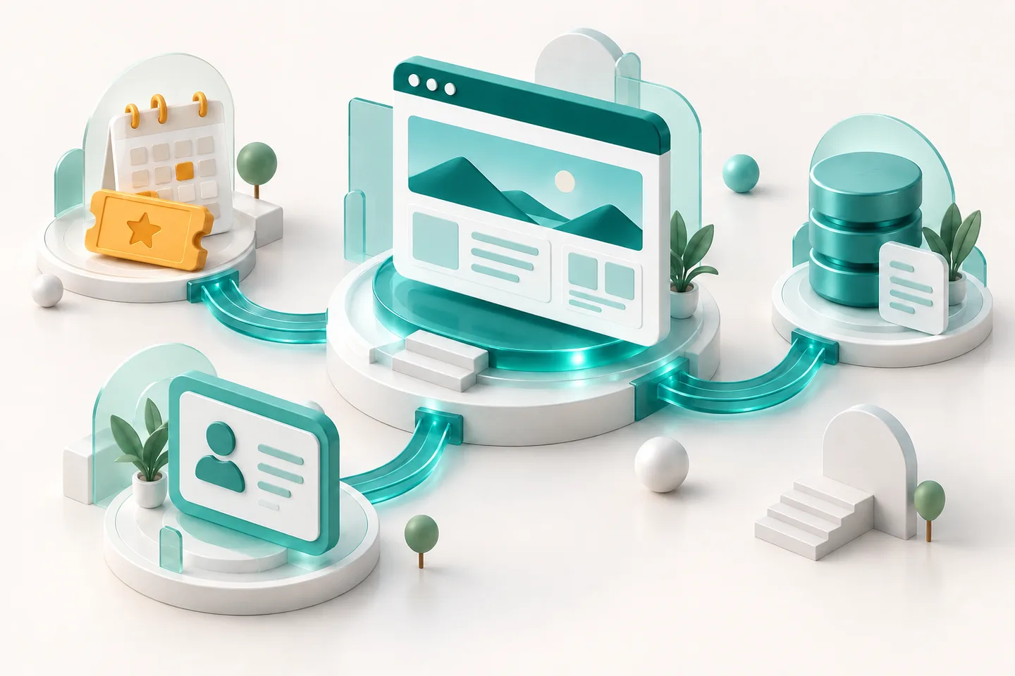 Illustration of a website connected to event bookings, member profiles and organised records.