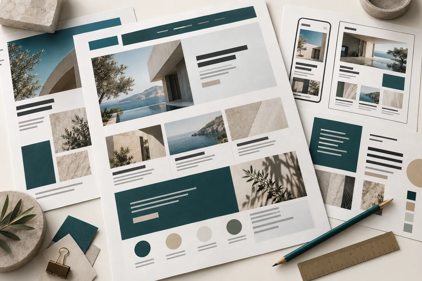 Editorial illustration of responsive page layouts, typography and photography arranged on a design desk.