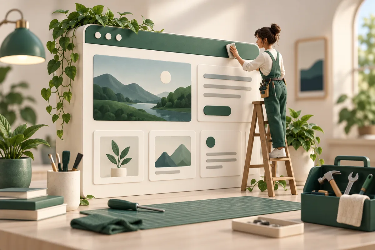 Illustration: A website shown as a miniature maintained workspace with a dedicated human caretaker, tasteful tools and plants.