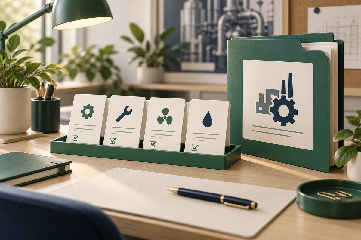 Illustration: A maintenance planning desk with request cards arranged into a focused scope and a separate larger project folder.