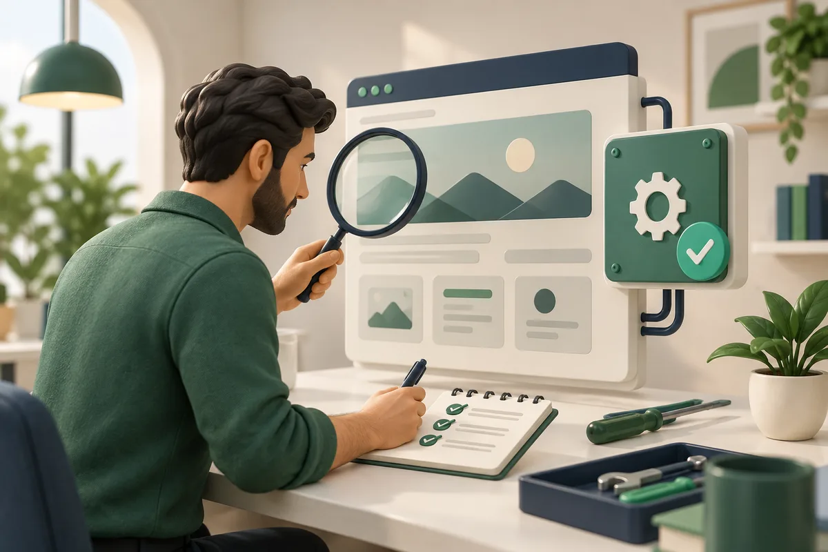 Illustration: A technician examines a website model with a magnifier and keeps a change log next to a repaired module.