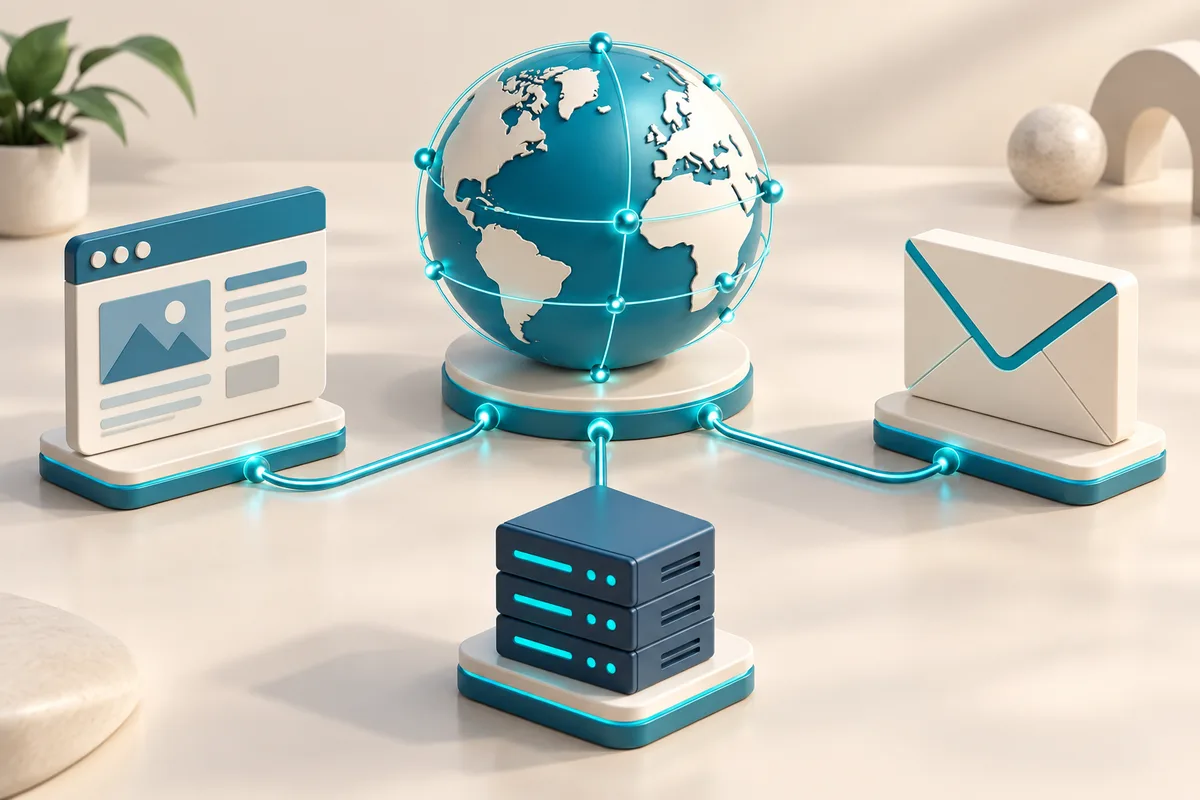 Illustration: A domain globe acts as a central address connecting a website browser, email envelope and server, isometric connected architecture.