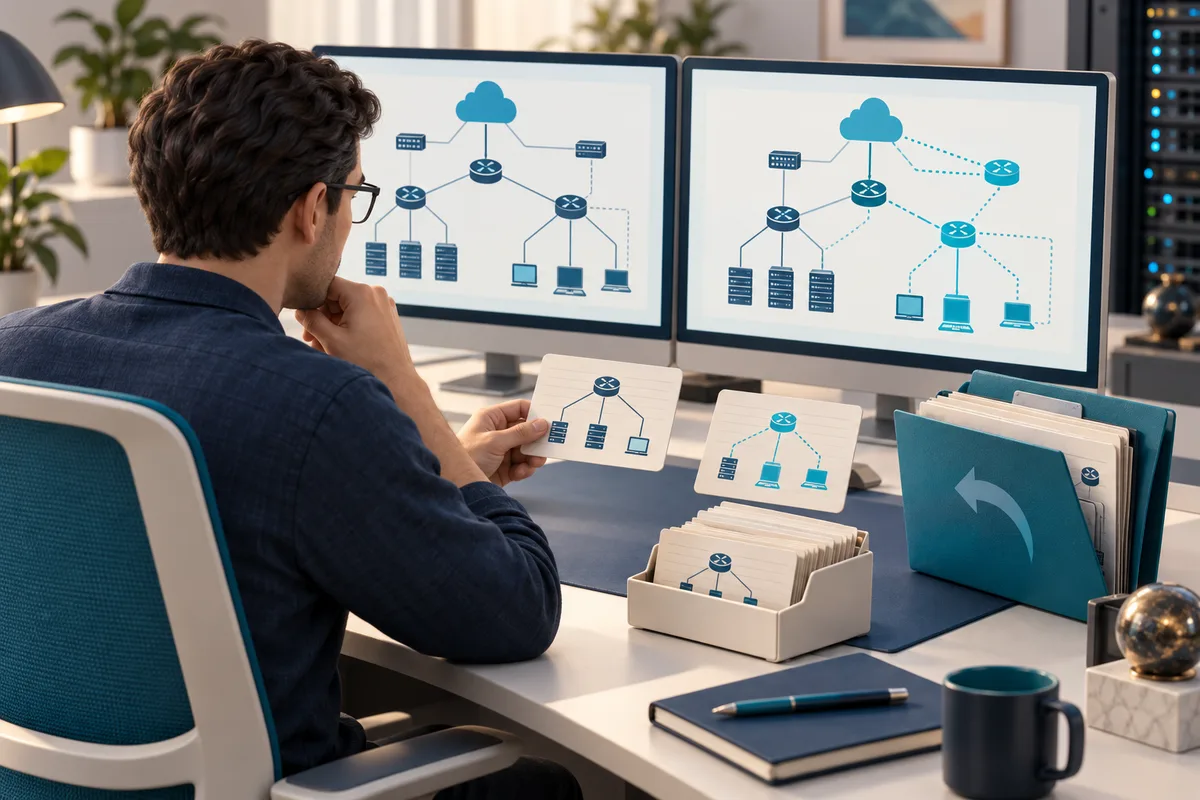 Illustration: An engineer at a planning desk compares existing and proposed network connections with record cards and a rollback folder.