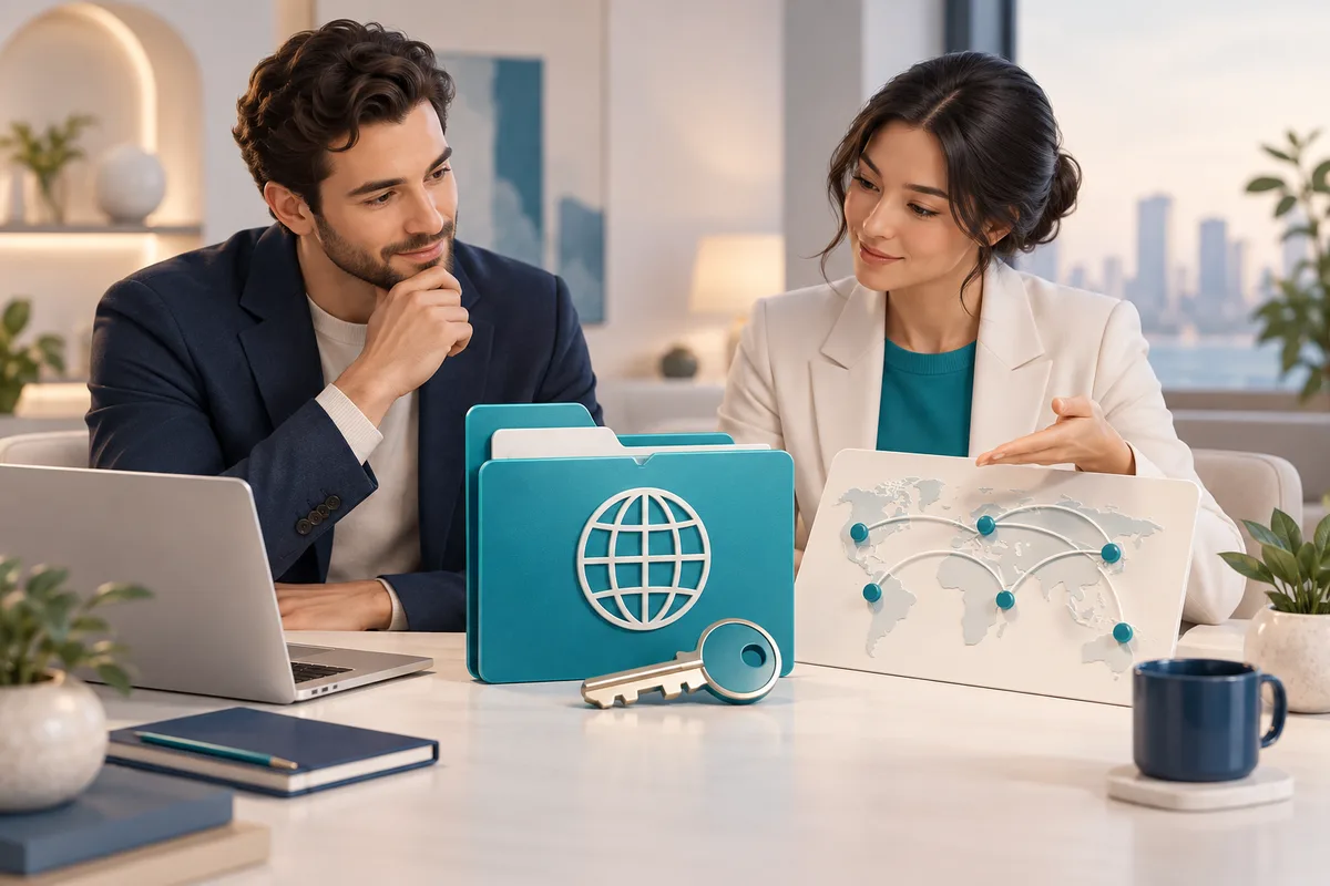 Illustration: Two people review a domain ownership folder, key and service map at a consultation table.