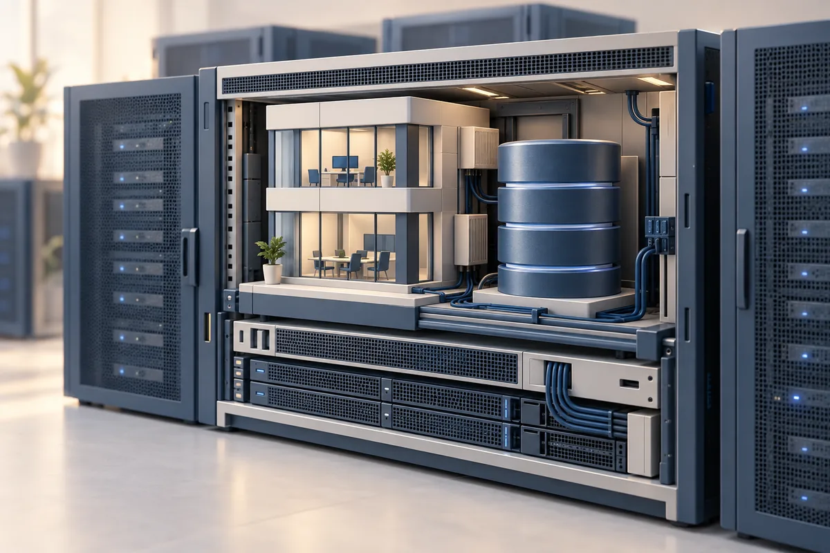 Illustration: A miniature application building and database fitted into a modular server environment, architectural cutaway.