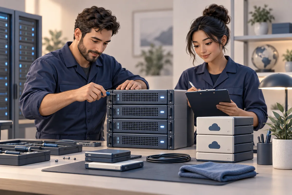Illustration: Two technical caretakers share a hosting workbench with configuration tools, backup archive and maintenance clipboard.