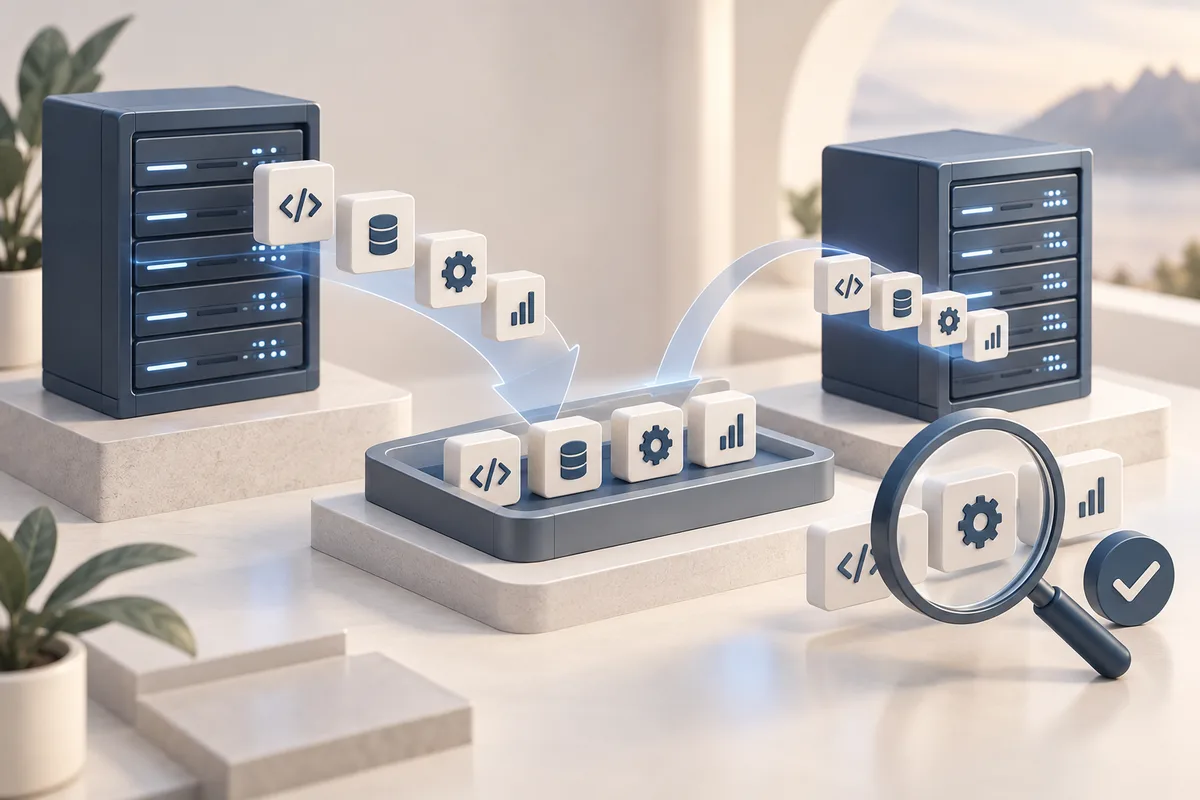 Illustration: A careful migration of application modules from one server platform to another, staging area and verification magnifier.