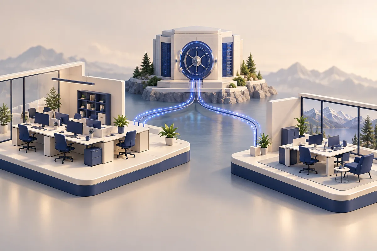 Illustration: A business workspace connected to an offsite backup vault and a second recovery workspace, architectural miniature.