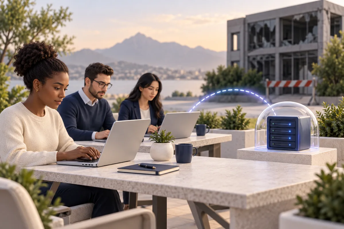 Illustration: A team performs a recovery drill using laptops away from an unavailable office, backup environment visible as a miniature server.