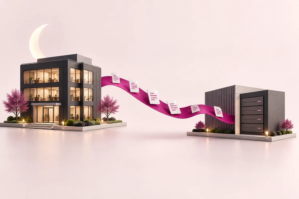 Office and separate off-site storage linked by an overnight backup illustration.