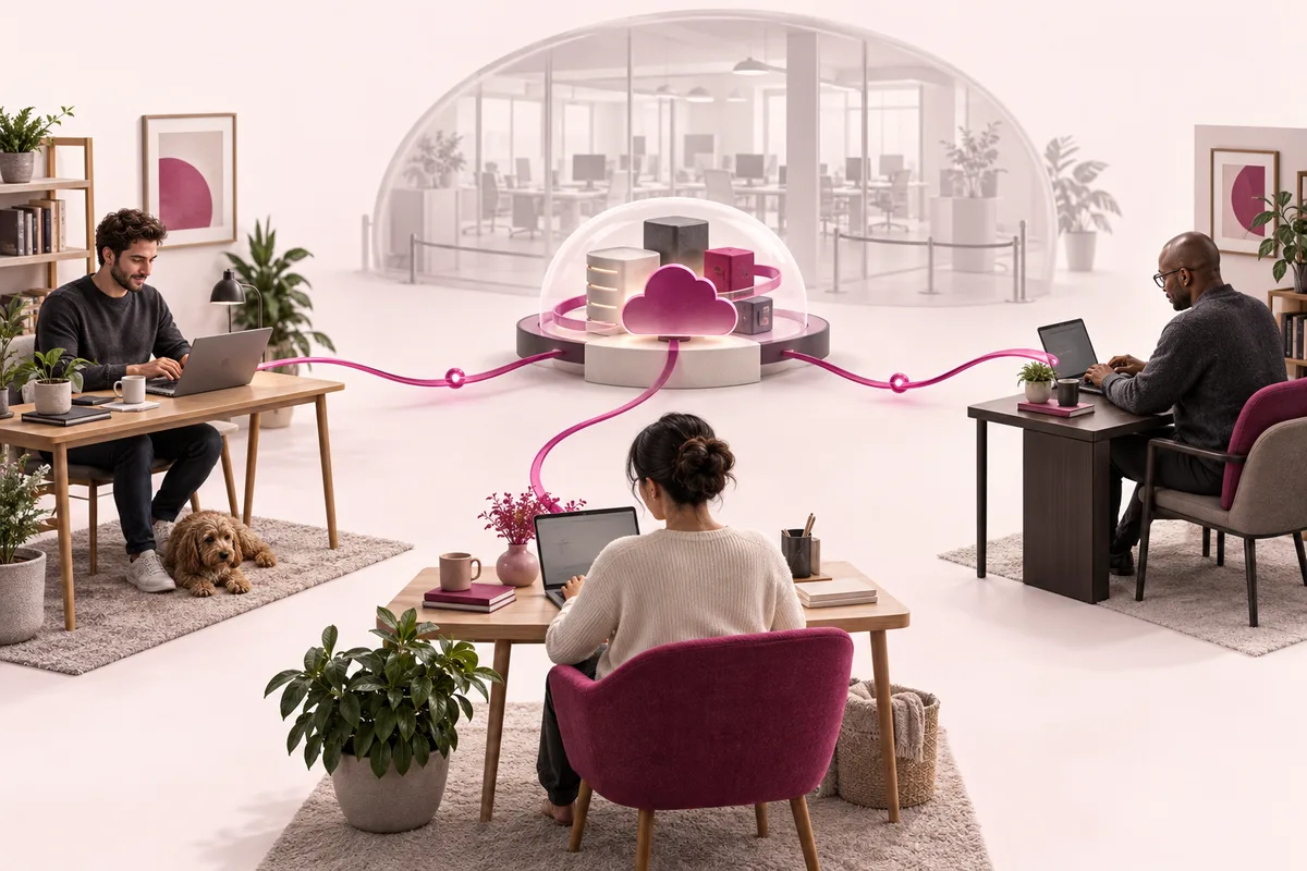 Staff working remotely during a recovery exercise, illustrated with connected home workspaces.