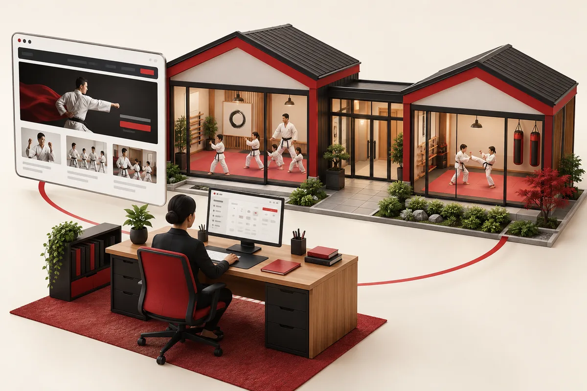 Representative illustration: A miniature martial arts school with two connected outlet buildings, a public website panel and an administrator desk, communicate unified school operations.