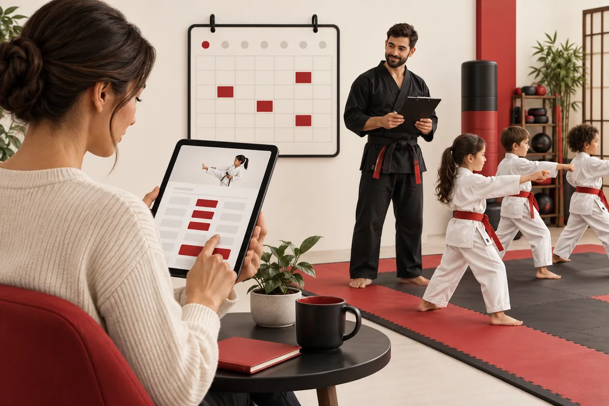 Representative illustration: A parent booking a lesson on a tablet, a class calendar and trainer with attendance clipboard alongside a miniature martial arts practice area.