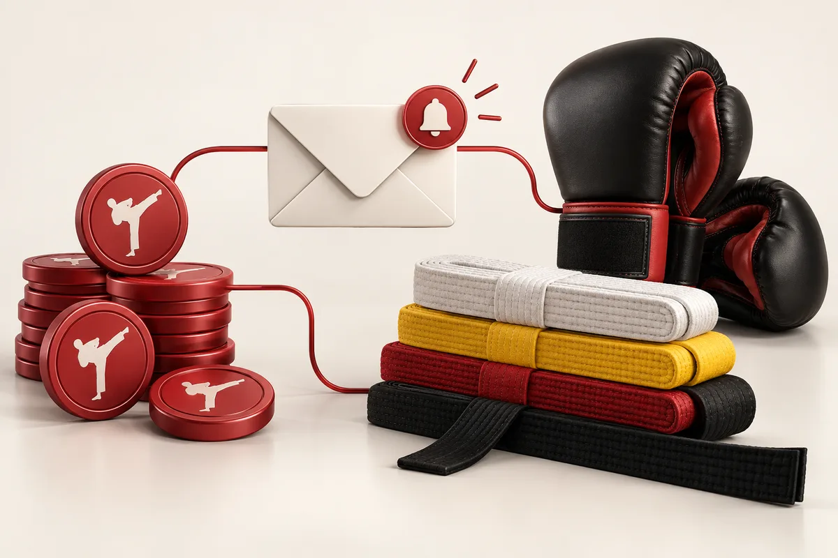 Representative illustration: Lesson credit tokens, a notification envelope and martial arts retail accessories such as belts and gloves with varied sizes, arranged as a connected service.