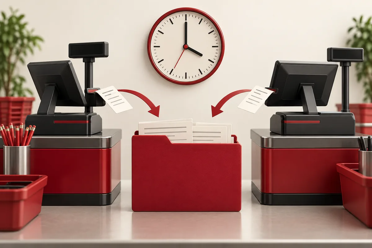 Representative illustration: Two outlet checkout stations send transaction cards into a central reporting folder beside a clock, communicate scheduled daily sales aggregation.